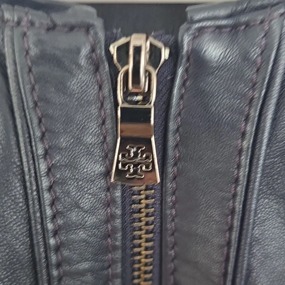 Tory Burch Leather Biker Jacket Cropped Navy Size 14